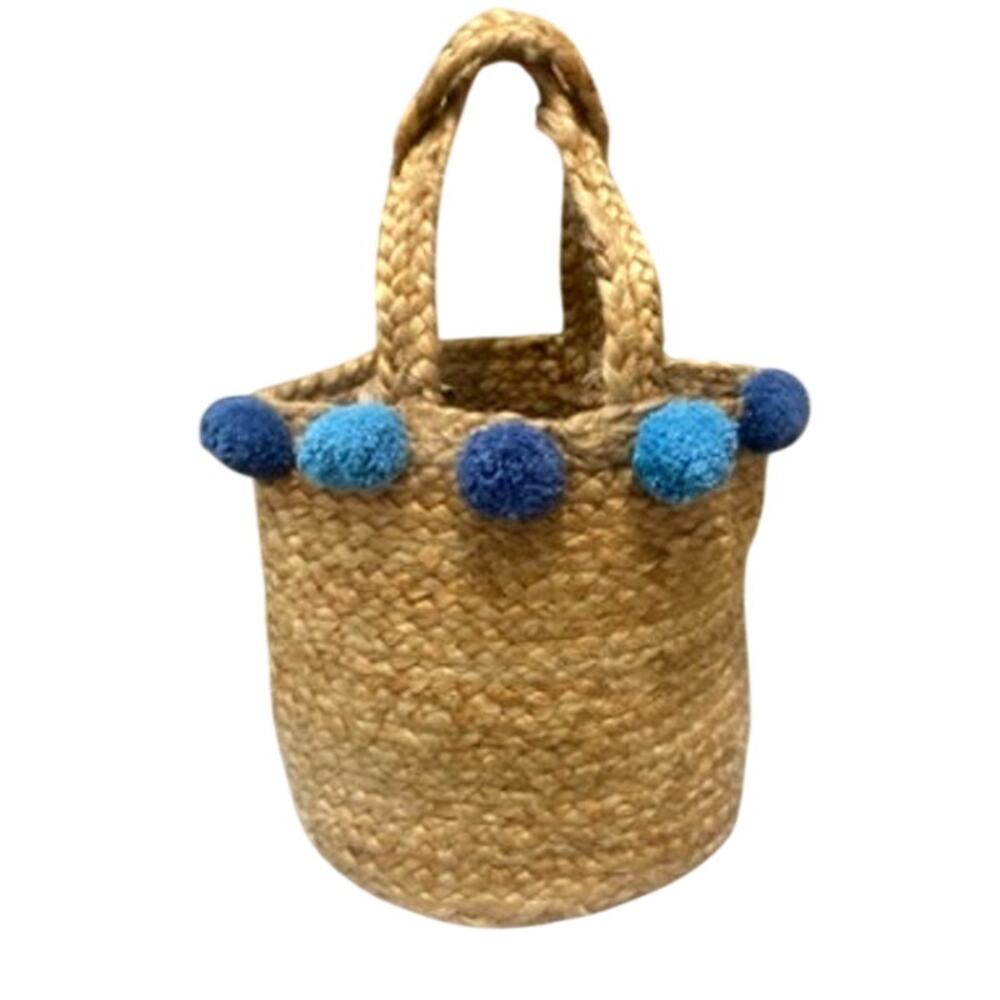 Boho Woven Jute Straw Tote Bag Blue Pom Poms Thick Braided Handle Festival